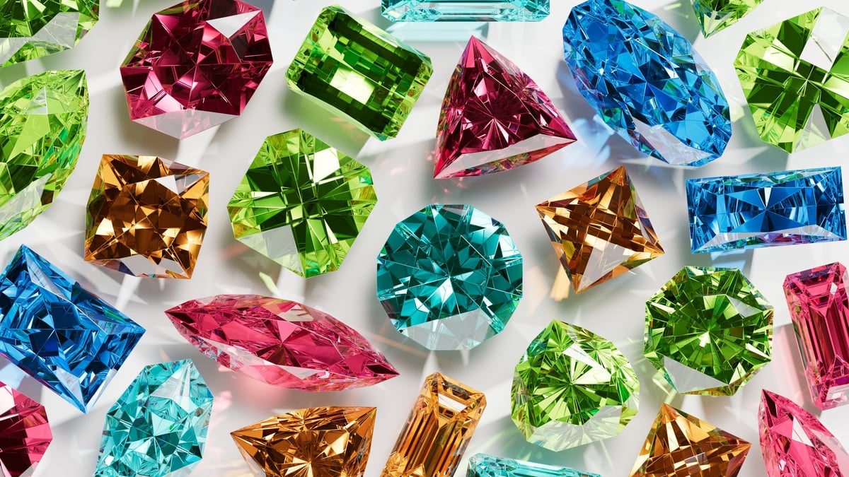 Macro texture of green, pink and blue gemstones sparkling